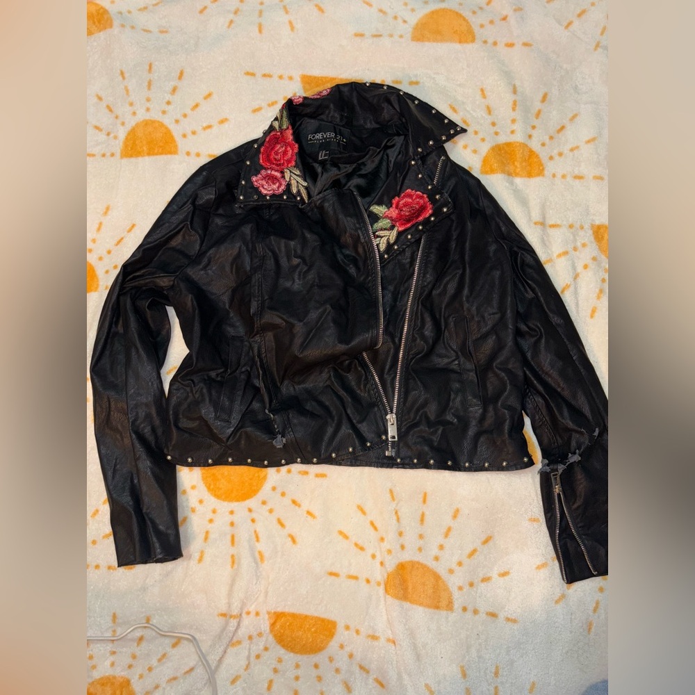 Forever 21 Black Leather Jacket with Floral Embroidery